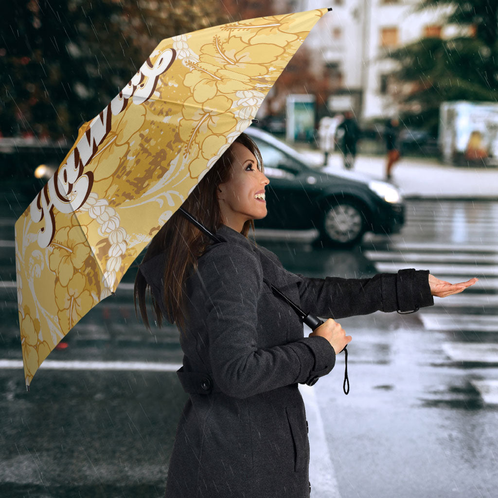 Hawaiian Mango Ukulele Umbrella Retro Yellow Hibiscus Pikake Lei
