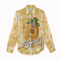Hawaiian Mango Ukulele Women Casual Shirt Retro Yellow Hibiscus Pikake Lei