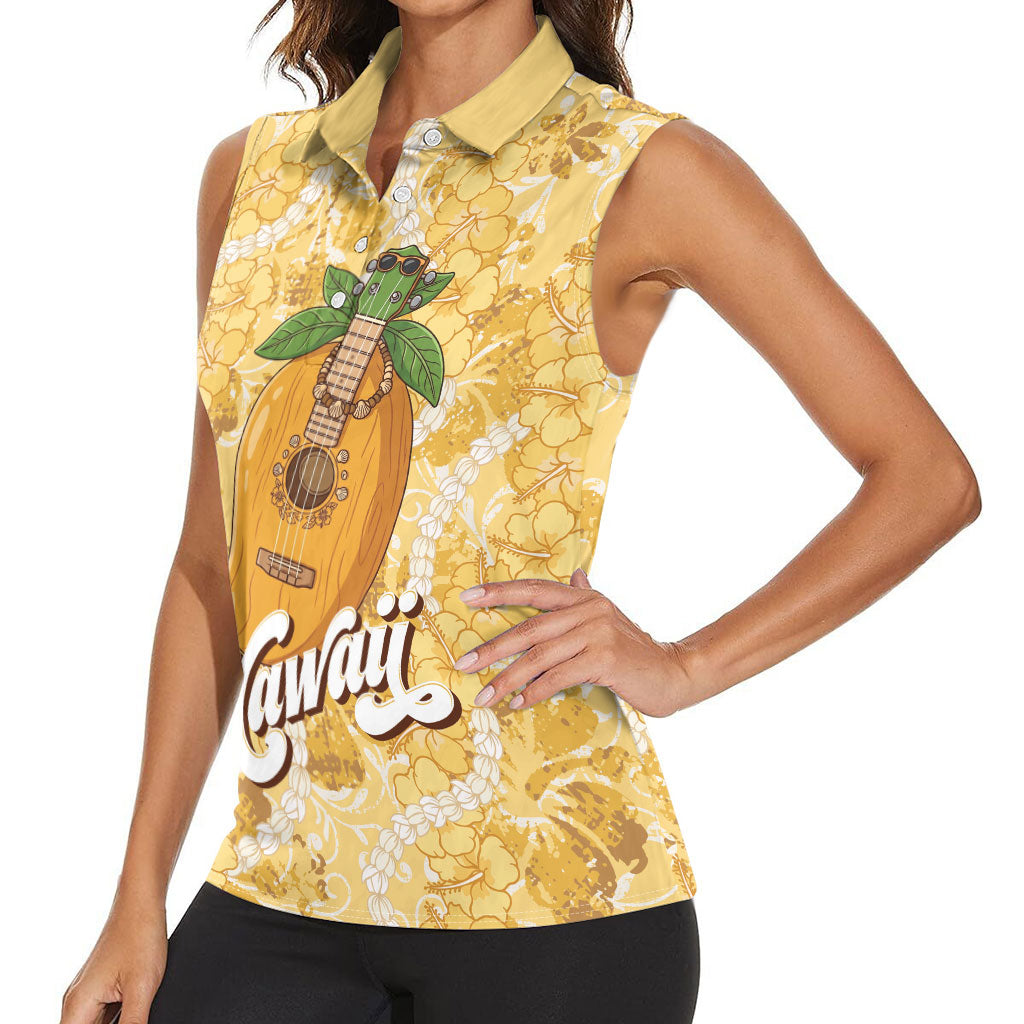 Hawaiian Mango Ukulele Women Sleeveless Polo Shirt Retro Yellow Hibiscus Pikake Lei