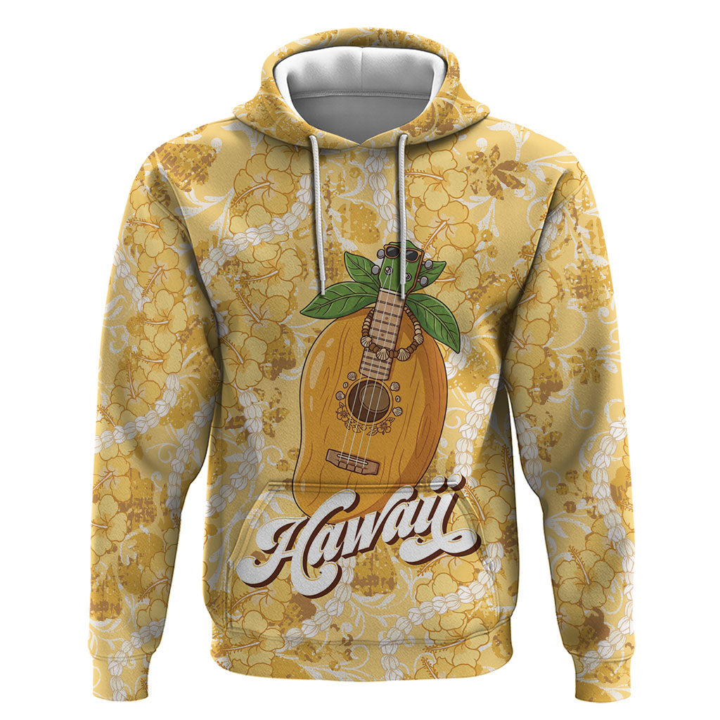 Hawaiian Mango Ukulele Zip Hoodie Retro Yellow Hibiscus Pikake Lei