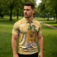 Hawaiian Mango Ukulele Zipper Polo Shirt Retro Yellow Hibiscus Pikake Lei