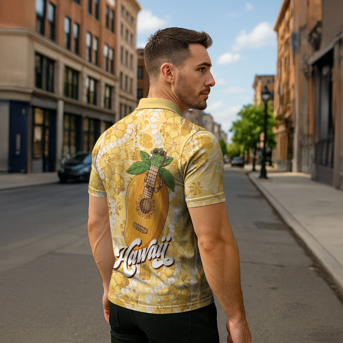 Hawaiian Mango Ukulele Zipper Polo Shirt Retro Yellow Hibiscus Pikake Lei