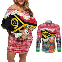 Personalised Vanuatu Joyeux Noel Couples Matching Off Shoulder Short Dress and Long Sleeve Button Shirt Proud To Be a Ni-Van Sand Drawing Art - Polynesian Pride