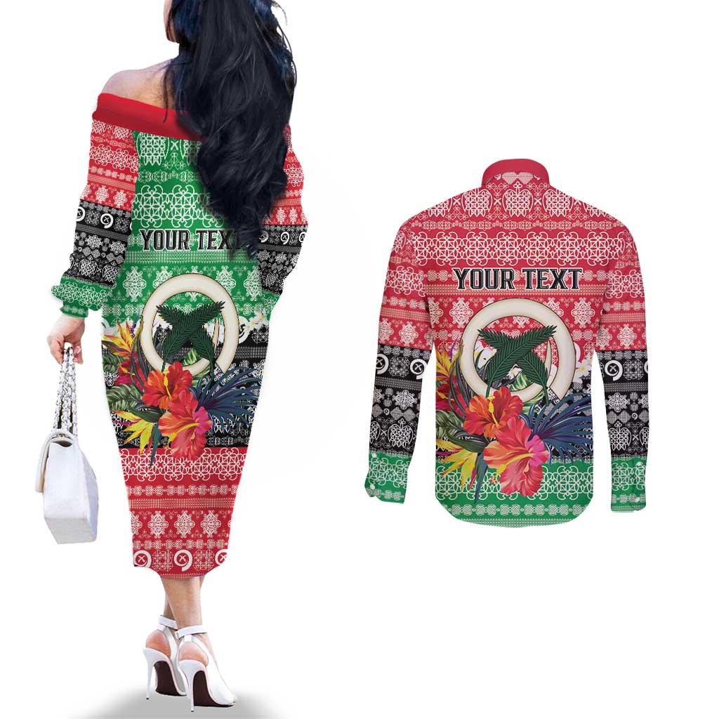 Personalised Vanuatu Joyeux Noel Couples Matching Off The Shoulder Long Sleeve Dress and Long Sleeve Button Shirt Proud To Be a Ni-Van Sand Drawing Art - Polynesian Pride