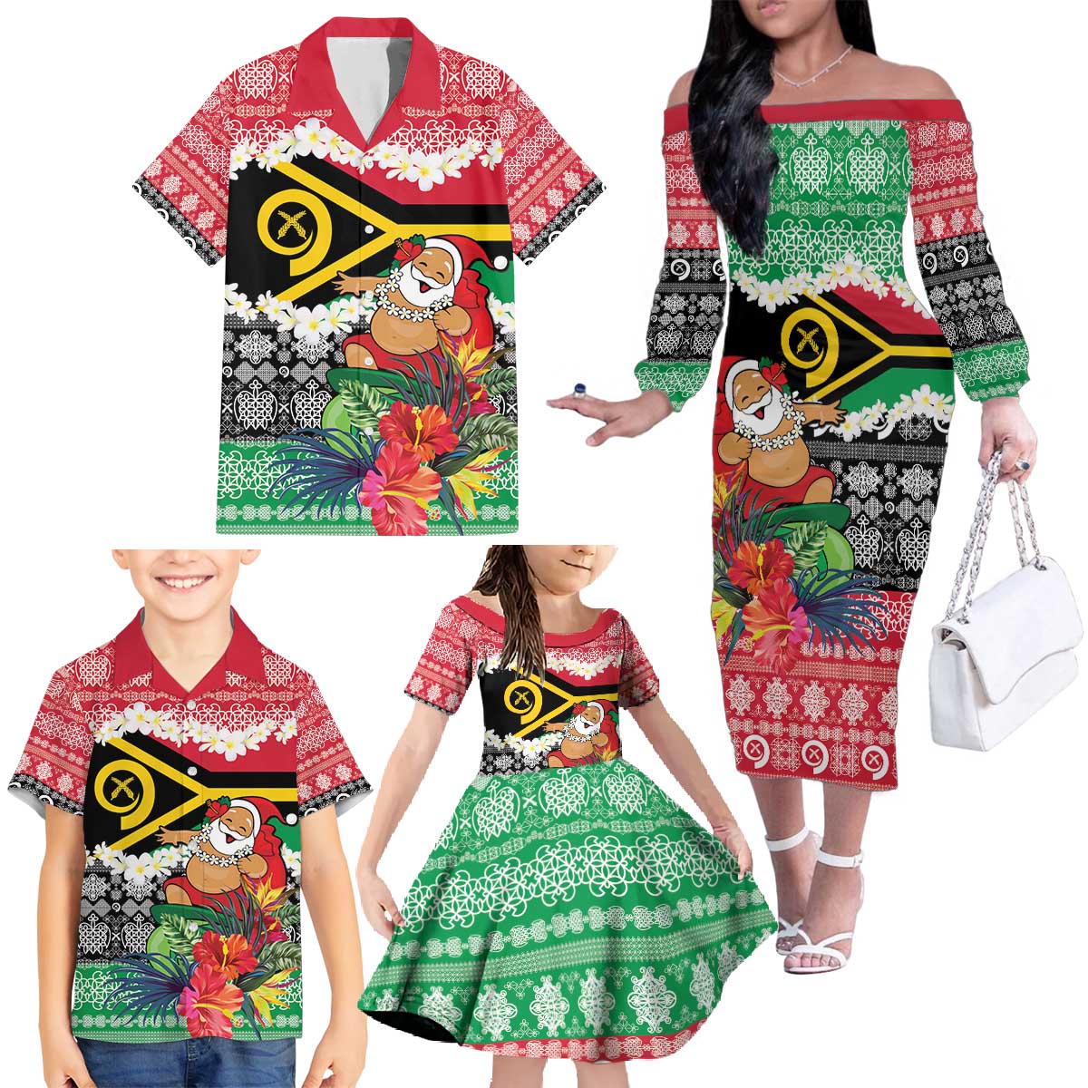 Personalised Vanuatu Joyeux Noel Family Matching Off The Shoulder Long Sleeve Dress and Hawaiian Shirt Proud To Be a Ni-Van Sand Drawing Art - Polynesian Pride