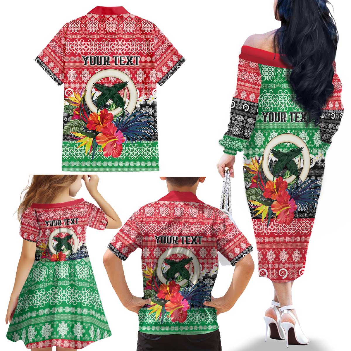 Personalised Vanuatu Joyeux Noel Family Matching Off The Shoulder Long Sleeve Dress and Hawaiian Shirt Proud To Be a Ni-Van Sand Drawing Art - Polynesian Pride