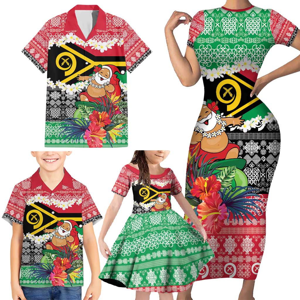 Personalised Vanuatu Joyeux Noel Family Matching Short Sleeve Bodycon Dress and Hawaiian Shirt Proud To Be a Ni-Van Sand Drawing Art - Polynesian Pride