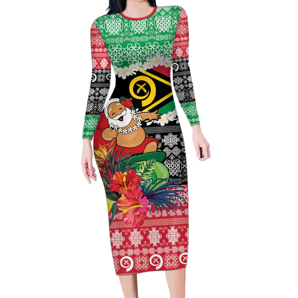 Personalised Vanuatu Joyeux Noel Long Sleeve Bodycon Dress Proud To Be a Ni-Van Sand Drawing Art - Polynesian Pride