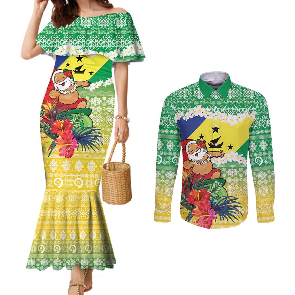 Personalised Malampa Joyeux Noel Couples Matching Mermaid Dress and Long Sleeve Button Shirt Proud To Be a Ni-Van Sand Drawing Art - Polynesian Pride