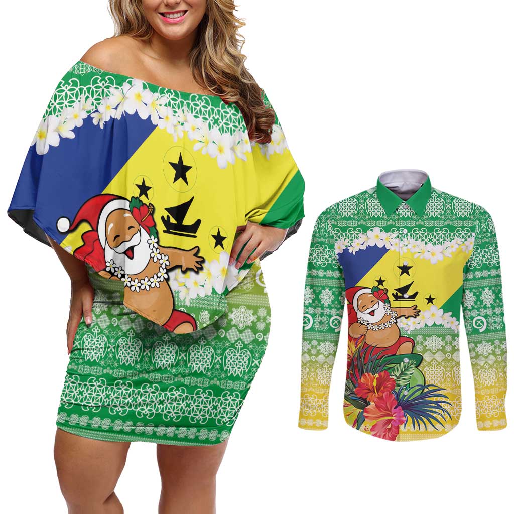 Personalised Malampa Joyeux Noel Couples Matching Off Shoulder Short Dress and Long Sleeve Button Shirt Proud To Be a Ni-Van Sand Drawing Art - Polynesian Pride