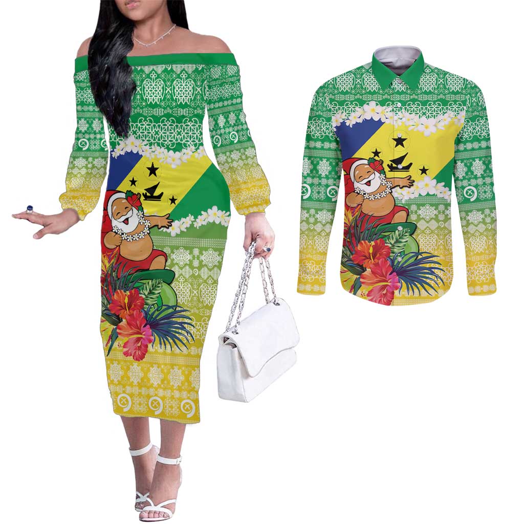 Personalised Malampa Joyeux Noel Couples Matching Off The Shoulder Long Sleeve Dress and Long Sleeve Button Shirt Proud To Be a Ni-Van Sand Drawing Art - Polynesian Pride