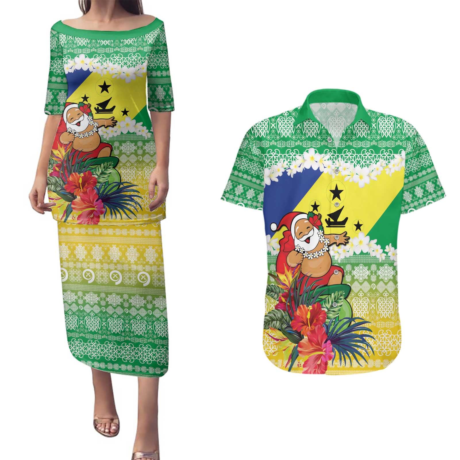 Personalised Malampa Joyeux Noel Couples Matching Puletasi and Hawaiian Shirt Proud To Be a Ni-Van Sand Drawing Art - Polynesian Pride