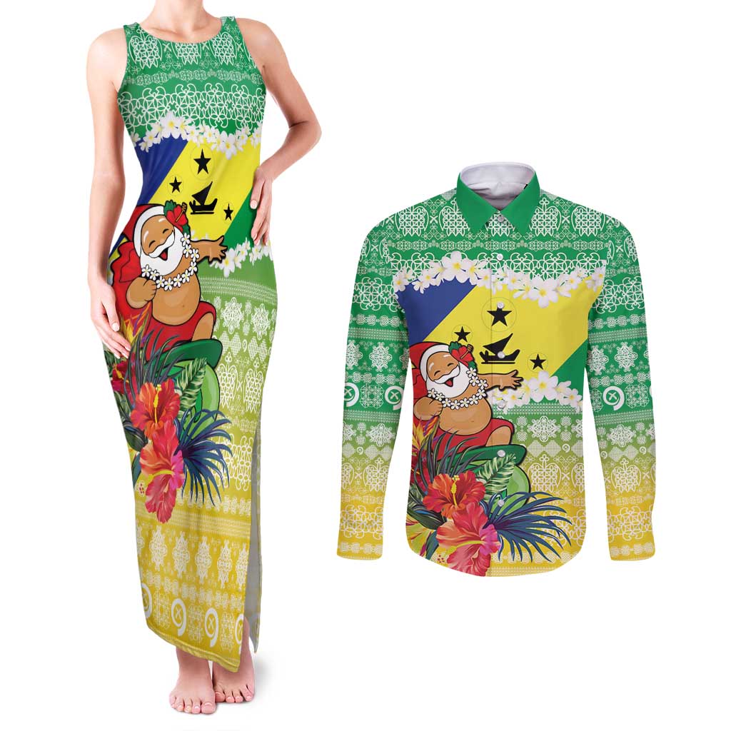 Personalised Malampa Joyeux Noel Couples Matching Tank Maxi Dress and Long Sleeve Button Shirt Proud To Be a Ni-Van Sand Drawing Art - Polynesian Pride