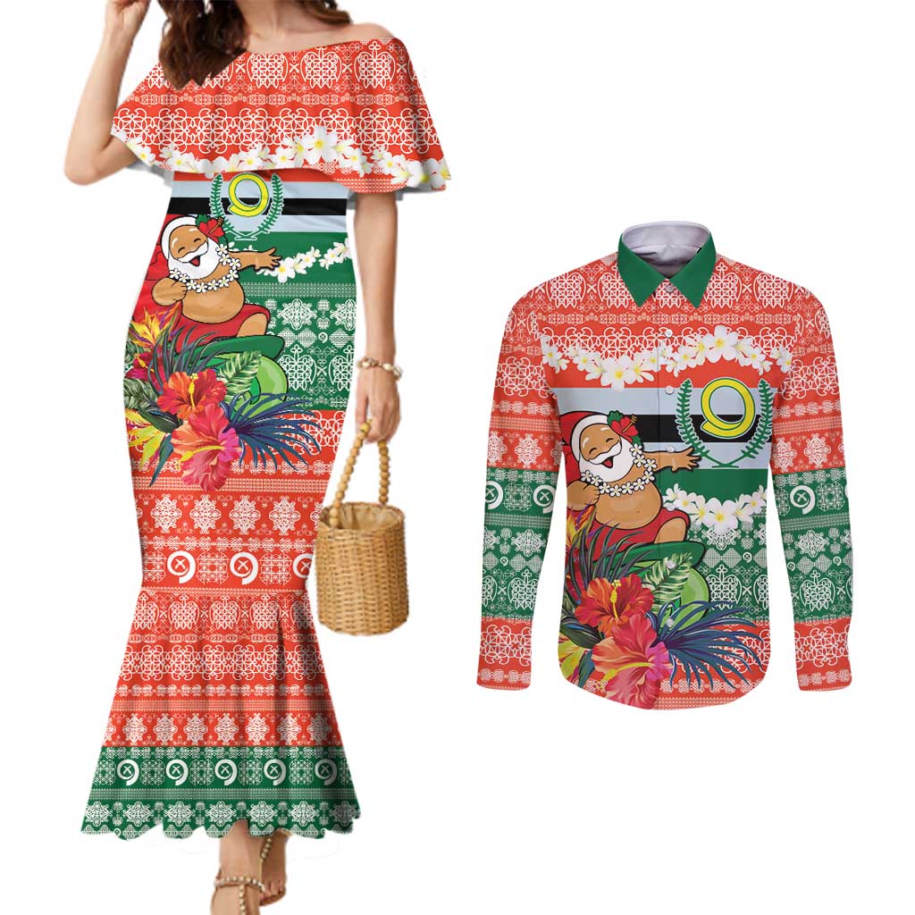 Personalised Penama Joyeux Noel Couples Matching Mermaid Dress and Long Sleeve Button Shirt Proud To Be a Ni-Van Sand Drawing Art - Polynesian Pride