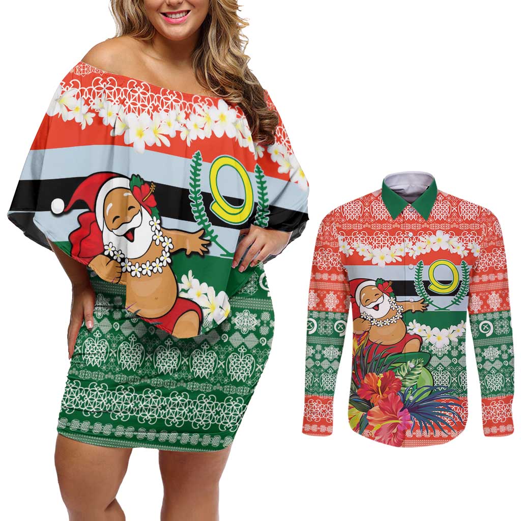 Personalised Penama Joyeux Noel Couples Matching Off Shoulder Short Dress and Long Sleeve Button Shirt Proud To Be a Ni-Van Sand Drawing Art - Polynesian Pride