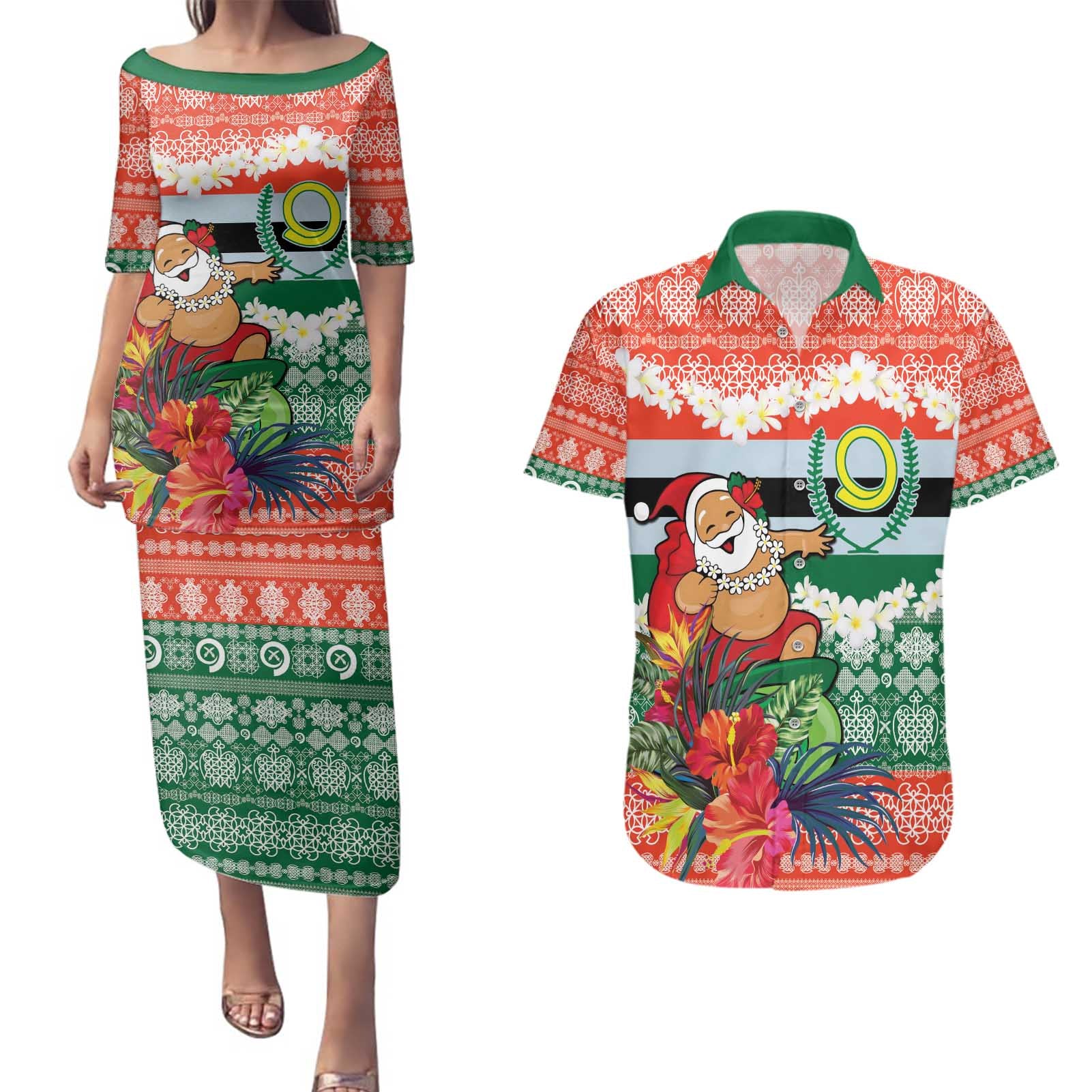 Personalised Penama Joyeux Noel Couples Matching Puletasi and Hawaiian Shirt Proud To Be a Ni-Van Sand Drawing Art - Polynesian Pride