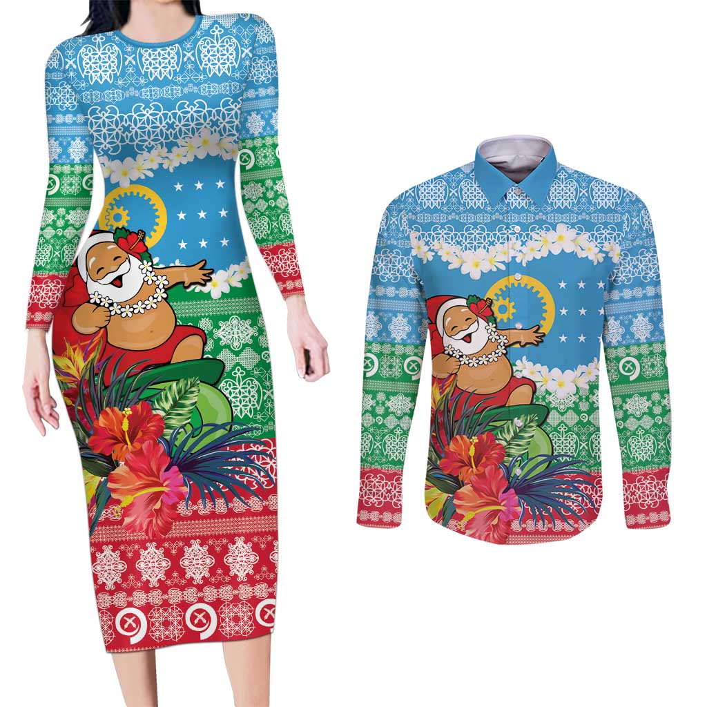 Personalised Sanma Joyeux Noel Couples Matching Long Sleeve Bodycon Dress and Long Sleeve Button Shirt Proud To Be a Ni-Van Sand Drawing Art - Polynesian Pride