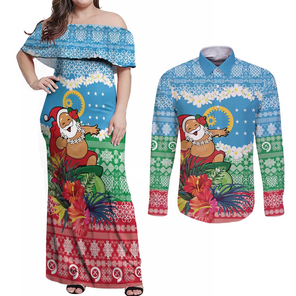 Personalised Sanma Joyeux Noel Couples Matching Off Shoulder Maxi Dress and Long Sleeve Button Shirt Proud To Be a Ni-Van Sand Drawing Art - Polynesian Pride