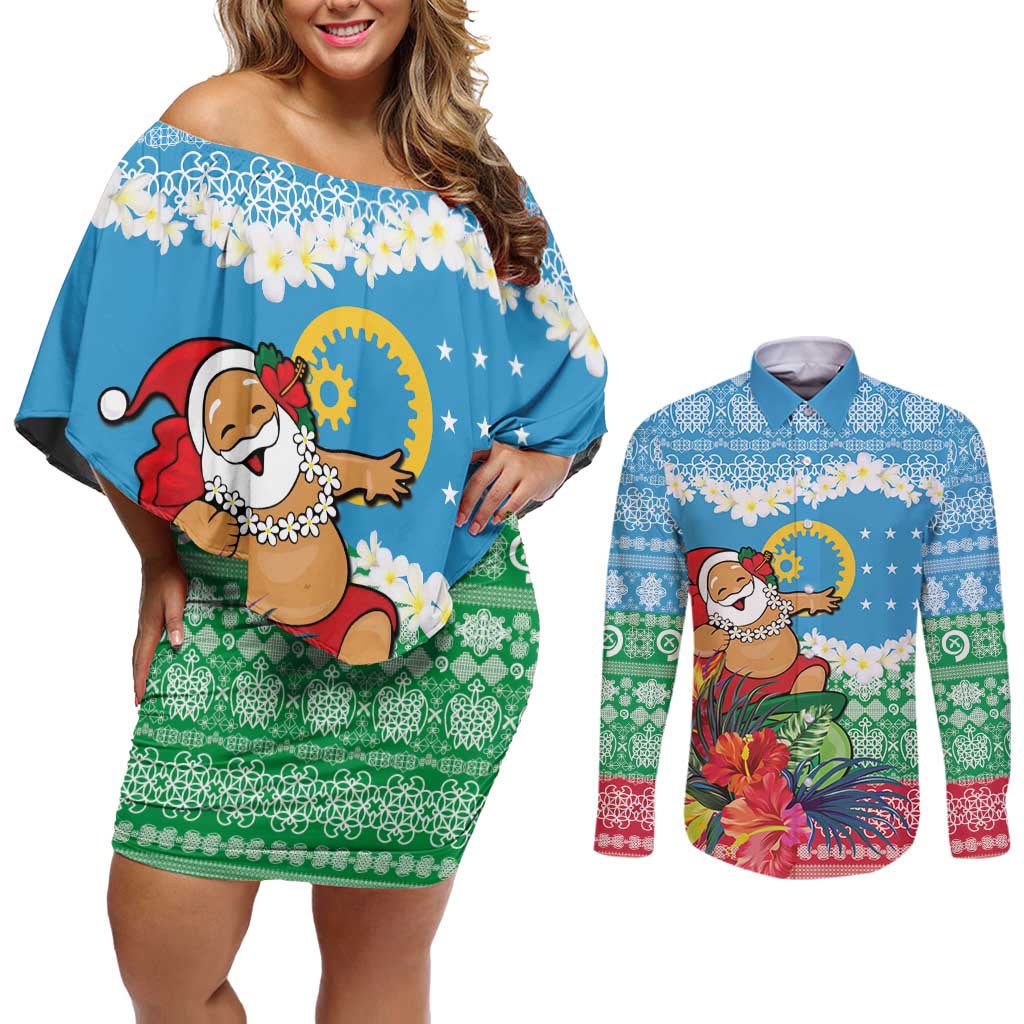 Personalised Sanma Joyeux Noel Couples Matching Off Shoulder Short Dress and Long Sleeve Button Shirt Proud To Be a Ni-Van Sand Drawing Art - Polynesian Pride