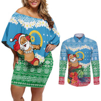Personalised Sanma Joyeux Noel Couples Matching Off Shoulder Short Dress and Long Sleeve Button Shirt Proud To Be a Ni-Van Sand Drawing Art - Polynesian Pride