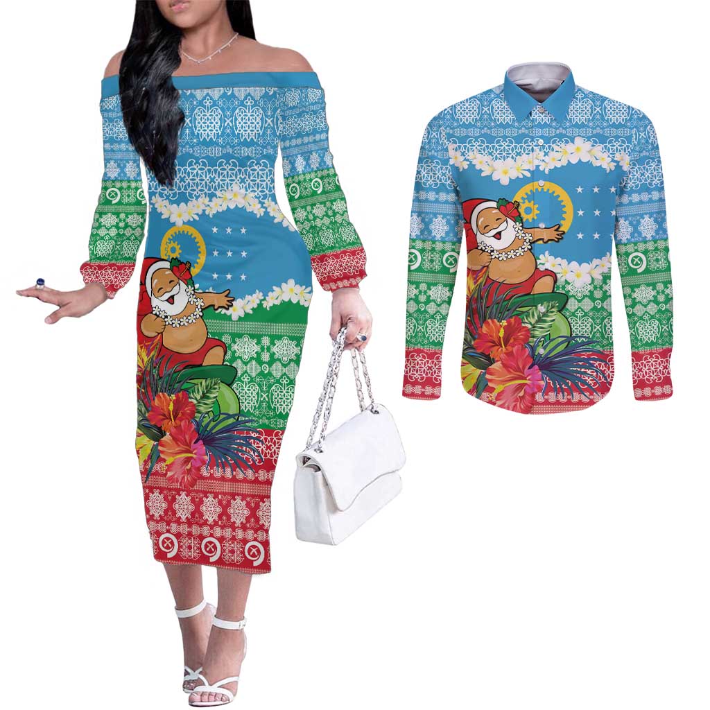 Personalised Sanma Joyeux Noel Couples Matching Off The Shoulder Long Sleeve Dress and Long Sleeve Button Shirt Proud To Be a Ni-Van Sand Drawing Art - Polynesian Pride