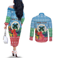 Personalised Sanma Joyeux Noel Couples Matching Off The Shoulder Long Sleeve Dress and Long Sleeve Button Shirt Proud To Be a Ni-Van Sand Drawing Art - Polynesian Pride
