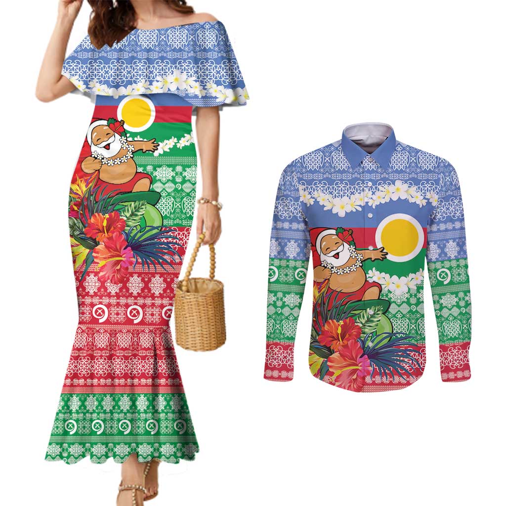 Personalised Shefa Joyeux Noel Couples Matching Mermaid Dress and Long Sleeve Button Shirt Proud To Be a Ni-Van Sand Drawing Art - Polynesian Pride