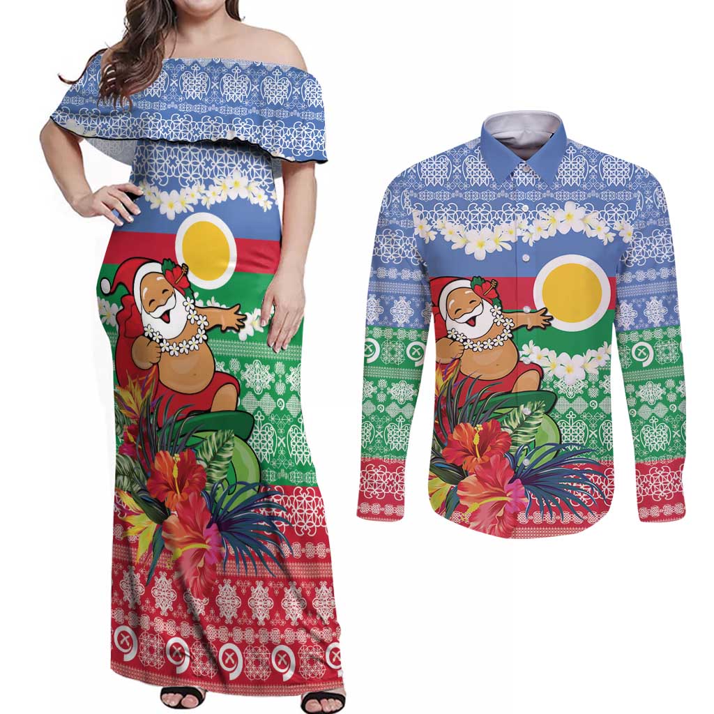 Personalised Shefa Joyeux Noel Couples Matching Off Shoulder Maxi Dress and Long Sleeve Button Shirt Proud To Be a Ni-Van Sand Drawing Art - Polynesian Pride
