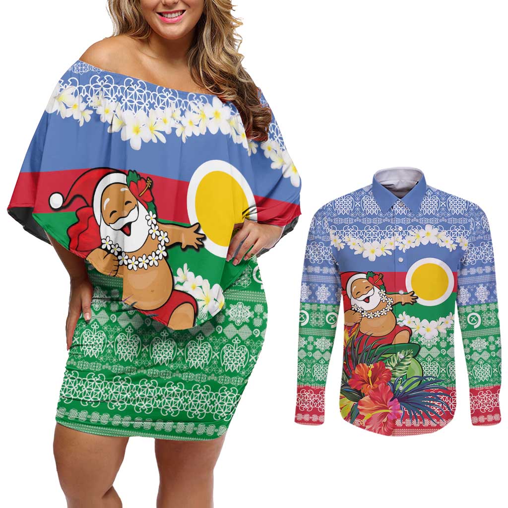 Personalised Shefa Joyeux Noel Couples Matching Off Shoulder Short Dress and Long Sleeve Button Shirt Proud To Be a Ni-Van Sand Drawing Art - Polynesian Pride