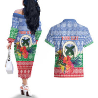 Personalised Shefa Joyeux Noel Couples Matching Off The Shoulder Long Sleeve Dress and Hawaiian Shirt Proud To Be a Ni-Van Sand Drawing Art - Polynesian Pride