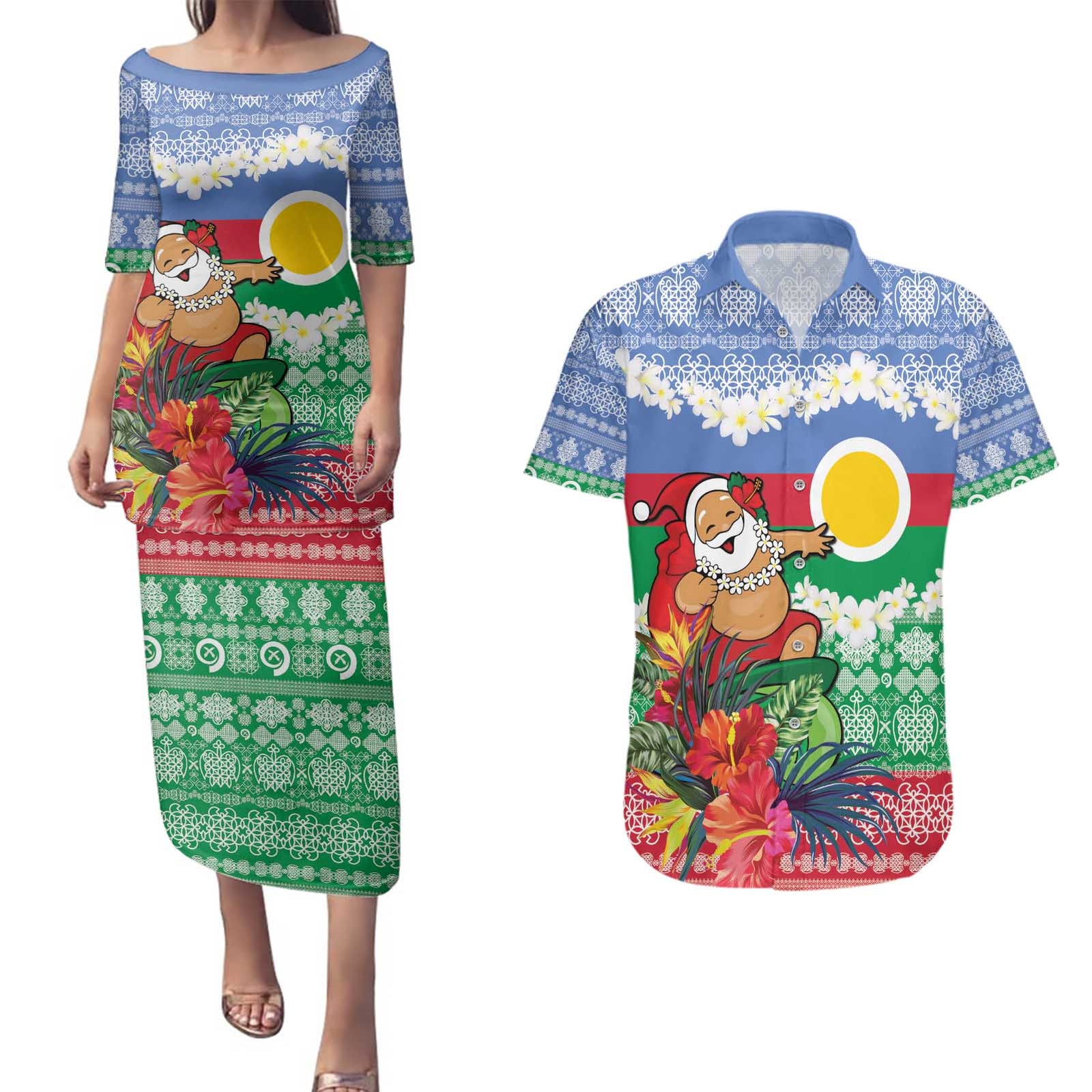 Personalised Shefa Joyeux Noel Couples Matching Puletasi and Hawaiian Shirt Proud To Be a Ni-Van Sand Drawing Art - Polynesian Pride