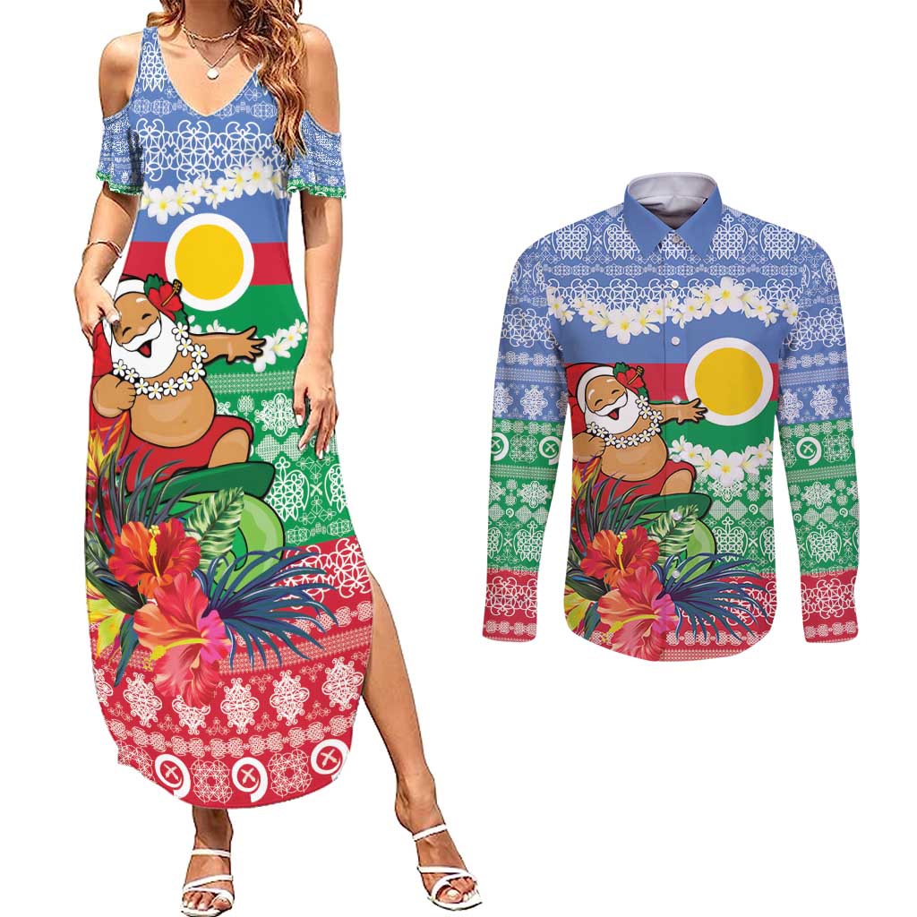 Personalised Shefa Joyeux Noel Couples Matching Summer Maxi Dress and Long Sleeve Button Shirt Proud To Be a Ni-Van Sand Drawing Art - Polynesian Pride