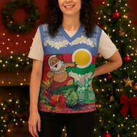 Personalised Shefa Joyeux Noel Christmas Knitted V-Neck Vest Proud To Be a Ni-Van Sand Drawing Art - Polynesian Pride