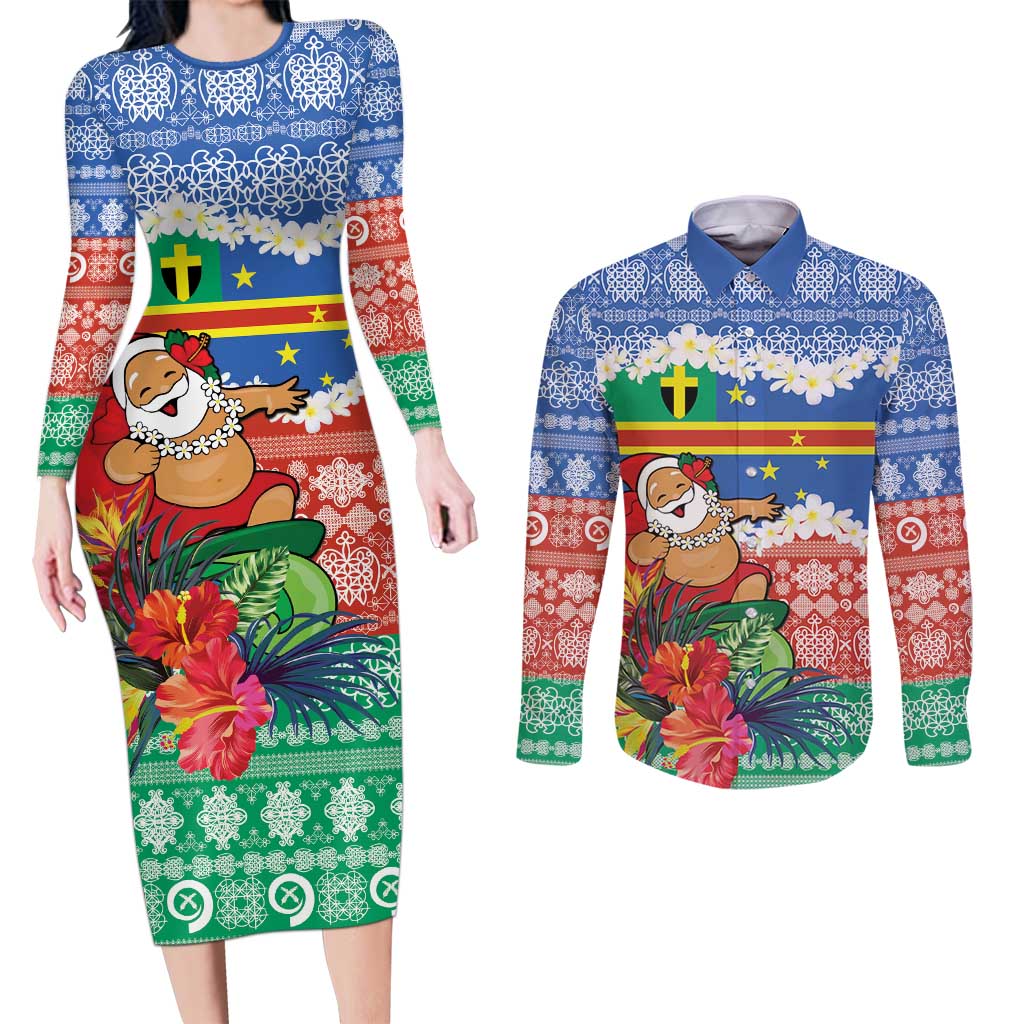 Personalised Tafea Joyeux Noel Couples Matching Long Sleeve Bodycon Dress and Long Sleeve Button Shirt Proud To Be a Ni-Van Sand Drawing Art - Polynesian Pride