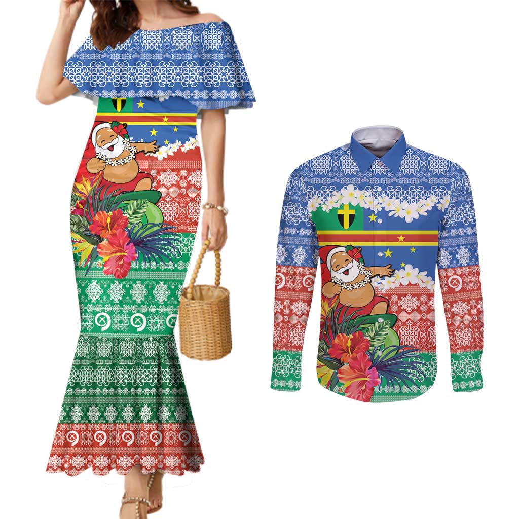 Personalised Tafea Joyeux Noel Couples Matching Mermaid Dress and Long Sleeve Button Shirt Proud To Be a Ni-Van Sand Drawing Art - Polynesian Pride