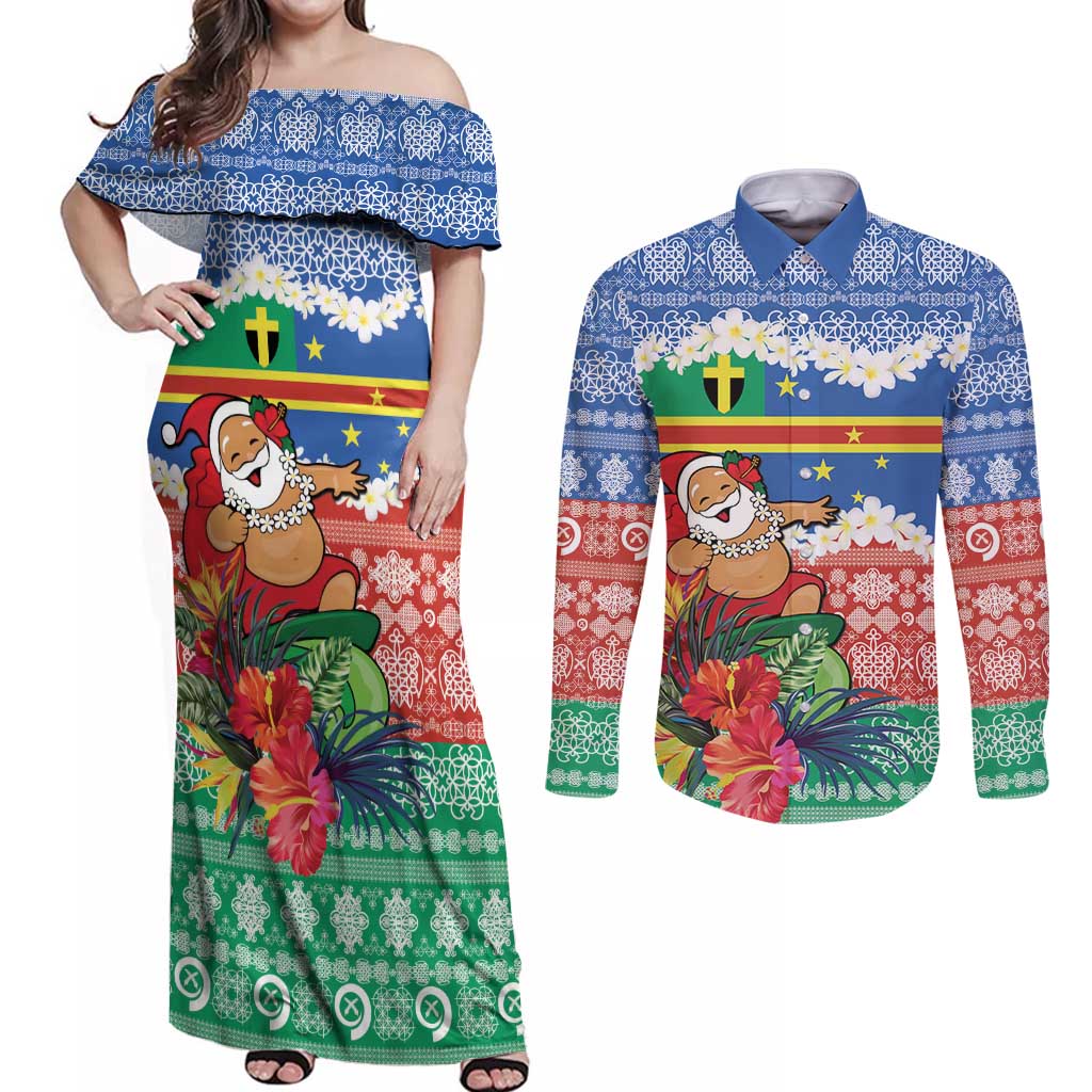 Personalised Tafea Joyeux Noel Couples Matching Off Shoulder Maxi Dress and Long Sleeve Button Shirt Proud To Be a Ni-Van Sand Drawing Art - Polynesian Pride