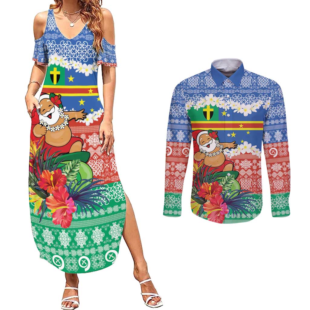 Personalised Tafea Joyeux Noel Couples Matching Summer Maxi Dress and Long Sleeve Button Shirt Proud To Be a Ni-Van Sand Drawing Art - Polynesian Pride