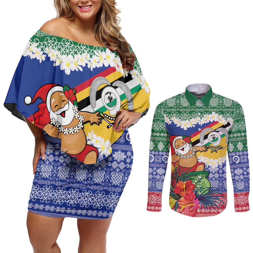 Personalised Torba Joyeux Noel Couples Matching Off Shoulder Short Dress and Long Sleeve Button Shirt Proud To Be a Ni-Van Sand Drawing Art - Polynesian Pride