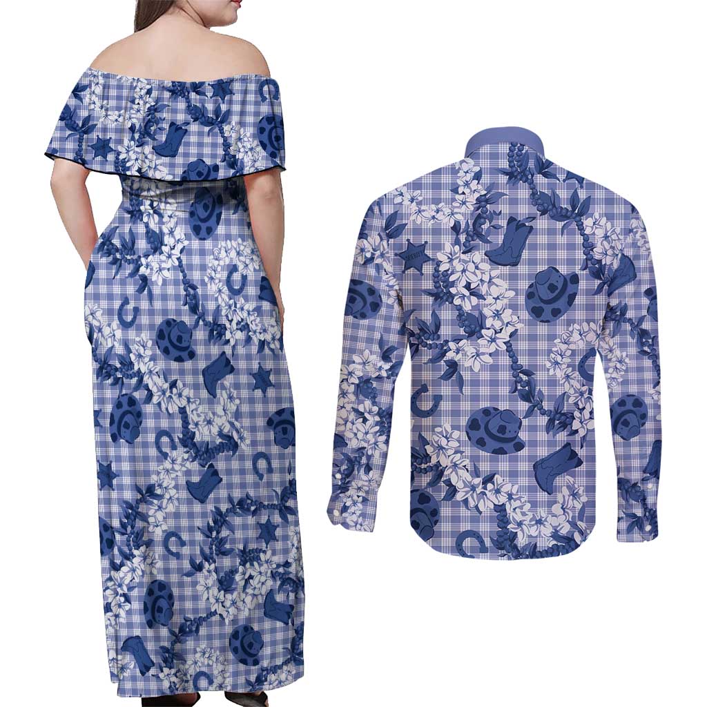 Mokihana Maile Ilima Leis Paniolo Palaka Couples Matching Off Shoulder Maxi Dress and Long Sleeve Button Shirt Hawaiian Polu Spirit - Polynesian Pride