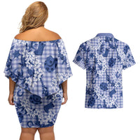 Mokihana Maile Ilima Leis Paniolo Palaka Couples Matching Off Shoulder Short Dress and Hawaiian Shirt Hawaiian Polu Spirit - Polynesian Pride
