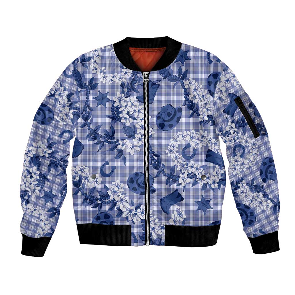 Mokihana Maile Ilima Leis Paniolo Palaka Sleeve Zip Bomber Jacket Hawaiian Polu Spirit LT9 Unisex Blue - Polynesian Pride