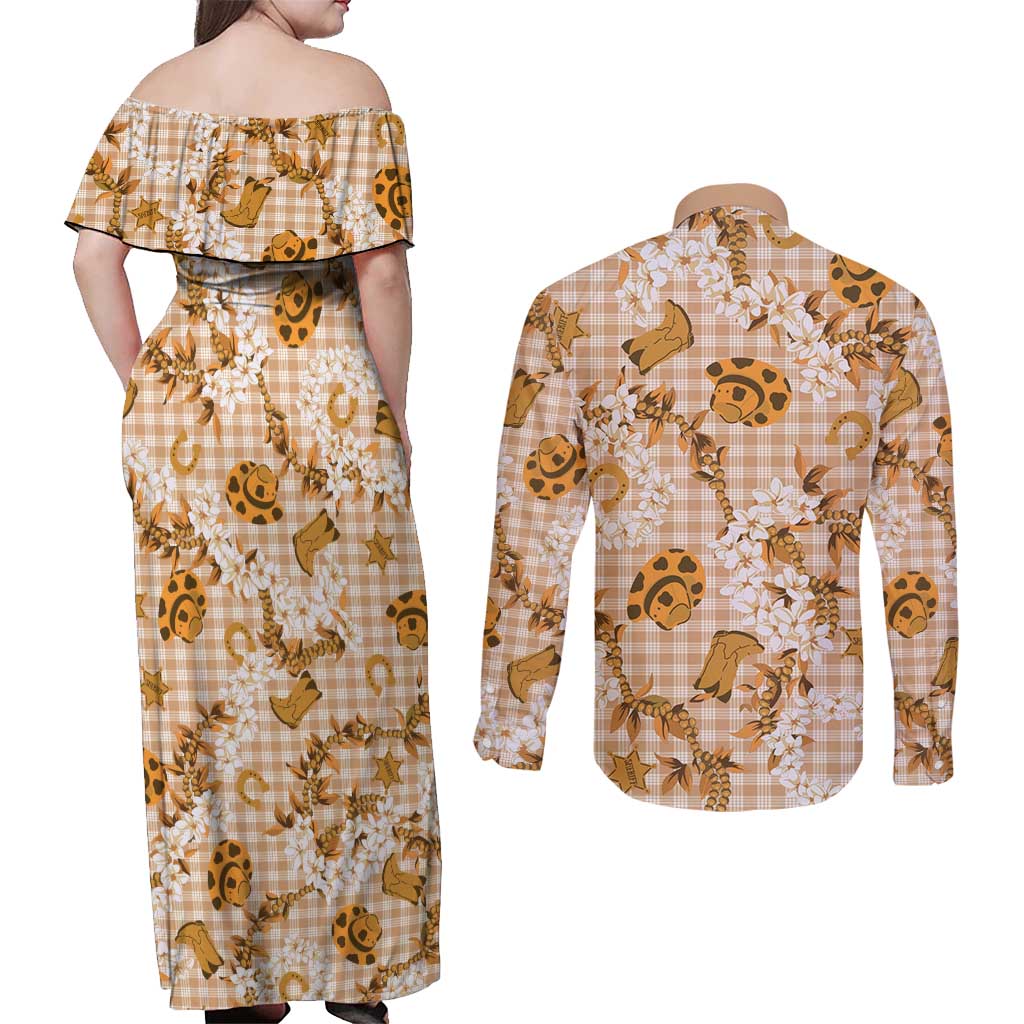 Mokihana Maile Ilima Leis Paniolo Palaka Couples Matching Off Shoulder Maxi Dress and Long Sleeve Button Shirt Hawaiian Kula Spirit - Polynesian Pride