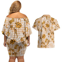 Mokihana Maile Ilima Leis Paniolo Palaka Couples Matching Off Shoulder Short Dress and Hawaiian Shirt Hawaiian Kula Spirit - Polynesian Pride