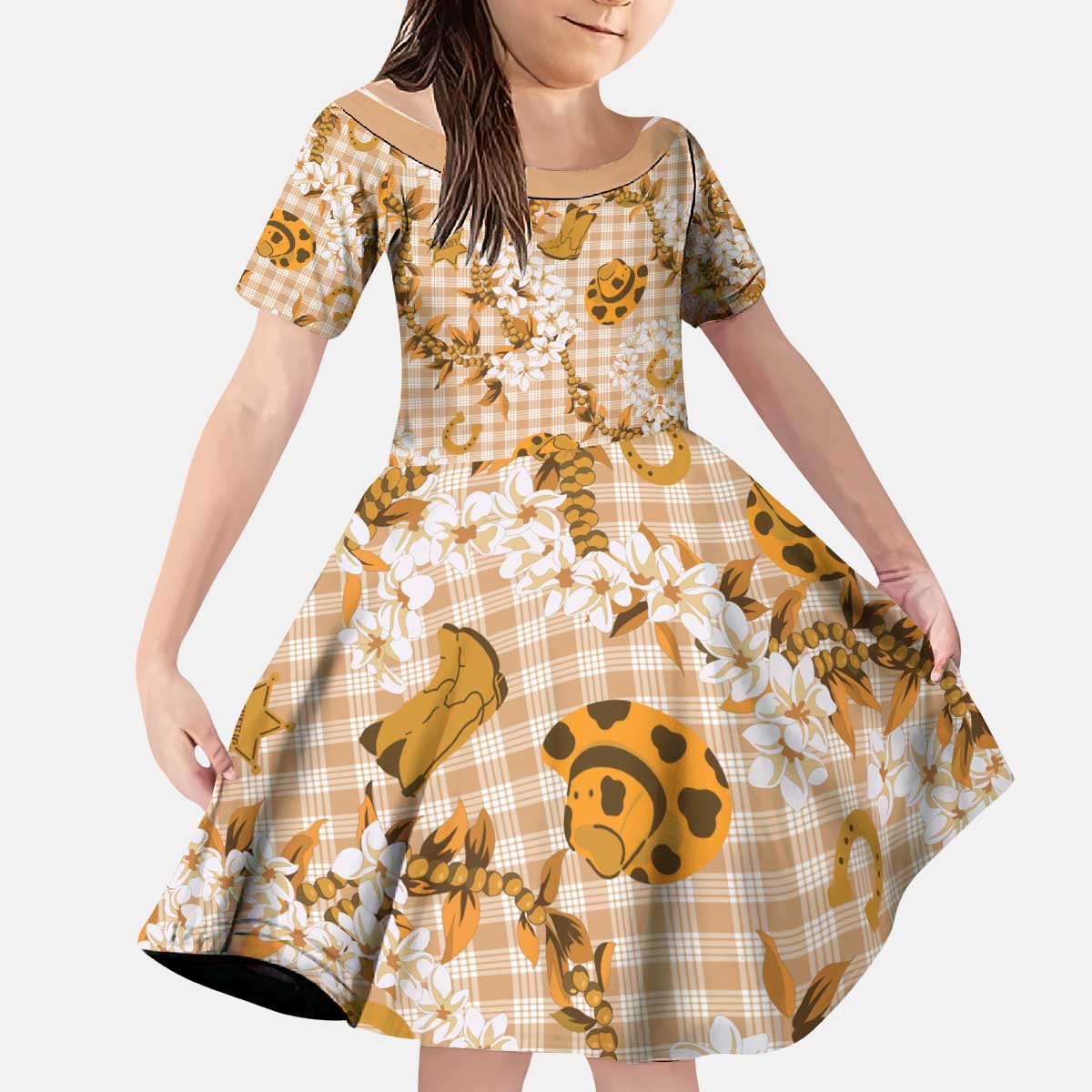 Mokihana Maile Ilima Leis Paniolo Palaka Kid Short Sleeve Dress Hawaiian Kula Spirit - Polynesian Pride