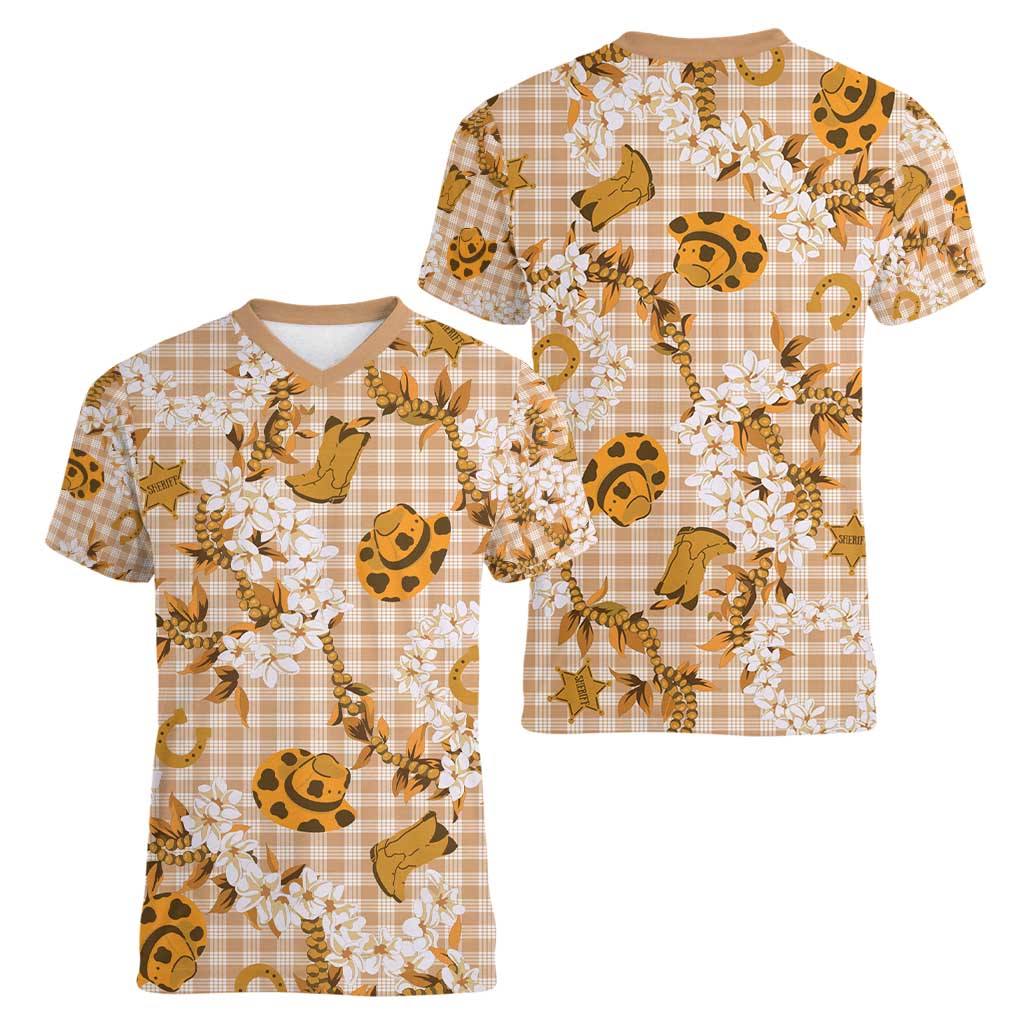 Mokihana Maile Ilima Leis Paniolo Palaka Women V-Neck T-Shirt Hawaiian Kula Spirit - Polynesian Pride