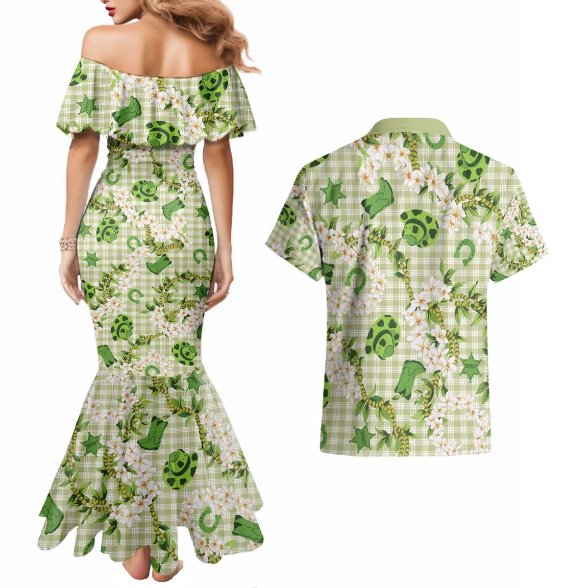 Mokihana Maile Ilima Leis Paniolo Palaka Couples Matching Mermaid Dress and Hawaiian Shirt Hawaiian Omaomo Ala Spirit - Polynesian Pride