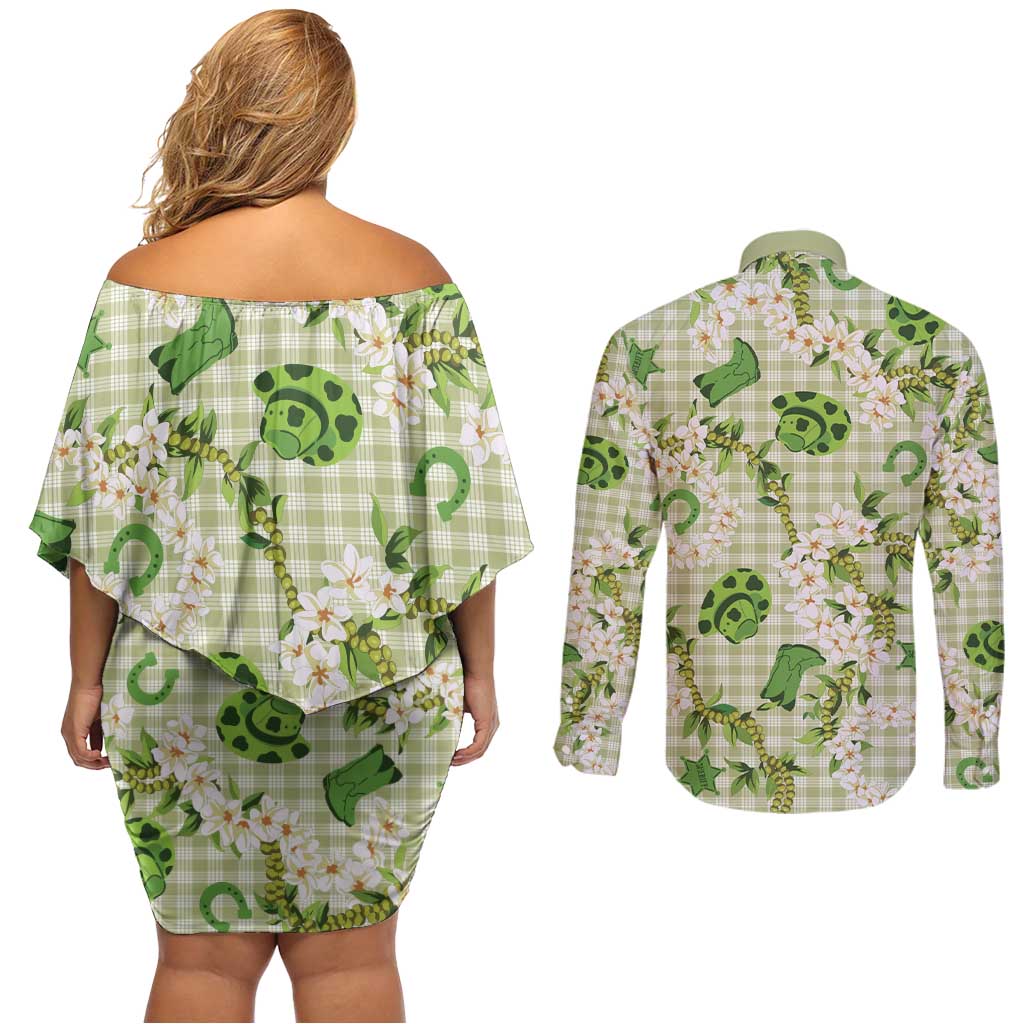 Mokihana Maile Ilima Leis Paniolo Palaka Couples Matching Off Shoulder Short Dress and Long Sleeve Button Shirt Hawaiian Omaomo Ala Spirit - Polynesian Pride