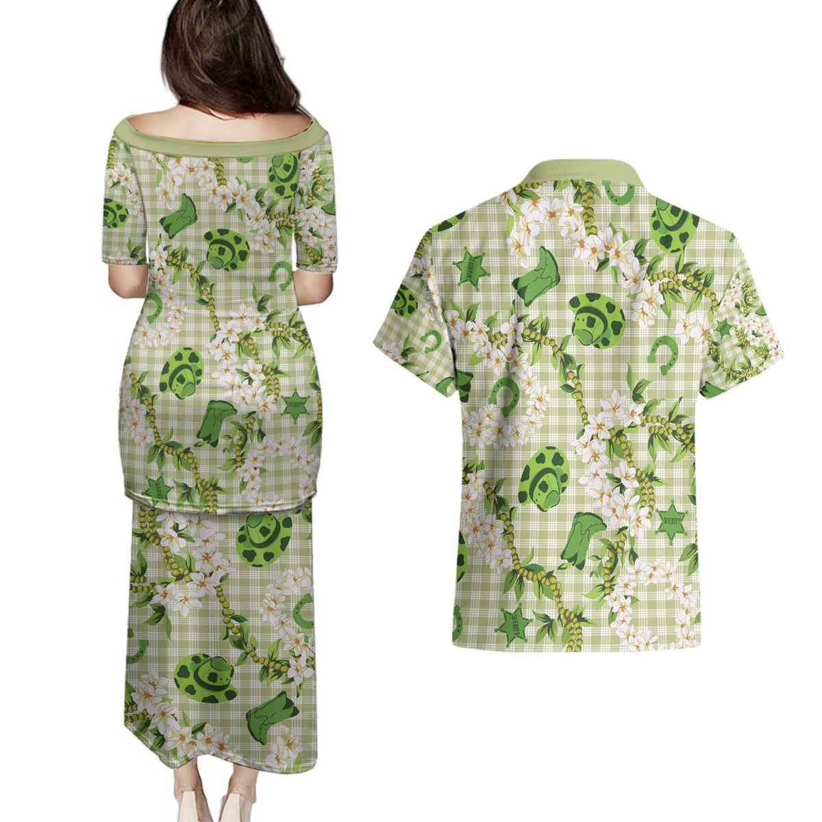 Mokihana Maile Ilima Leis Paniolo Palaka Couples Matching Puletasi and Hawaiian Shirt Hawaiian Omaomo Ala Spirit - Polynesian Pride