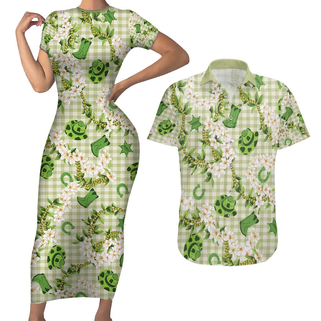 Mokihana Maile Ilima Leis Paniolo Palaka Couples Matching Short Sleeve Bodycon Dress and Hawaiian Shirt Hawaiian Omaomo Ala Spirit - Polynesian Pride