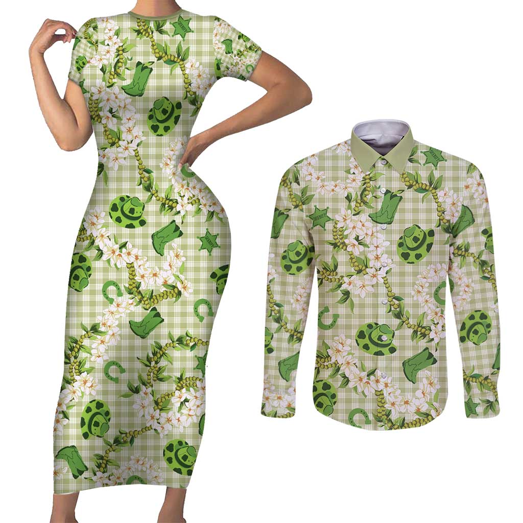 Mokihana Maile Ilima Leis Paniolo Palaka Couples Matching Short Sleeve Bodycon Dress and Long Sleeve Button Shirt Hawaiian Omaomo Ala Spirit - Polynesian Pride